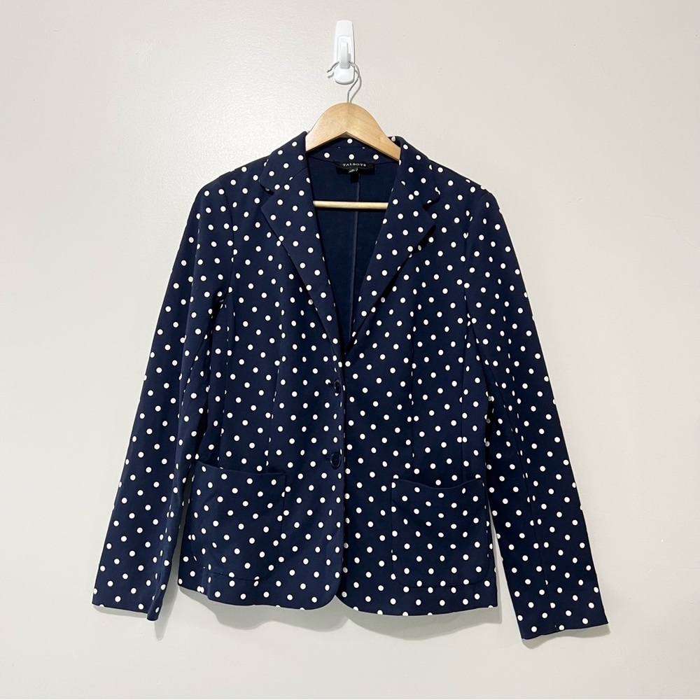 Talbots Navy Blue Polka Dot Blazer Size Medium Preppy Academia Career Jacket